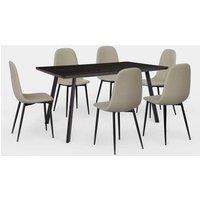 VonHaus Dining Table & Chairs Set - 6 Seater Dining Table with Beige Dining Chairs Set - Rectangular Dinner Table with 6 Chairs - Dark Wood Effect