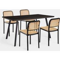 VonHaus Dining Table & Chairs Set - Rectangular Dining Table with 4 Dining Chairs - Dark Wood Effect Dinner Table with 4 Plastic Rattan Effect Chairs
