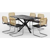 VonHaus Dining Table & Chairs Set - 6 Seater Dining Table with Cantilever Chairs Set - Rectangular Black Ceramic Dinner Table with 6 Chairs - Marble
