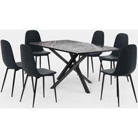 VonHaus Dining Table & Chairs Set - 6 Seater Dining Table with Blue Dining Chairs Set - Rectangular Black Ceramic Dinner Table with 6 Chairs - Marble