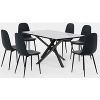 Atherton 6 Seater Ceramic Effect Dining Table With Cavell Charcoal Blue Chairs