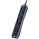 Masterplug 13A 4 Socket Black Extension Lead with Surge Protection And USB - 1m