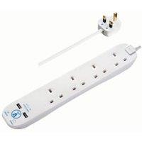 Masterplug 13A 4 Socket White Extension Lead with Surge Protection & USB - 2m