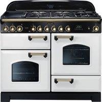 Rangemaster Classic Deluxe 110cm Dual Fuel Range Cooker - White with Brass Trim