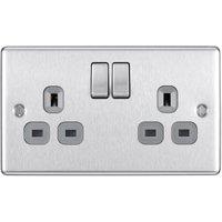 BG 13A Double Pole Screwed Raised Plate Double Switched Power Socket - Brushed Steel
