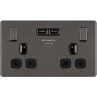 BG 13A Screwless Flat Plate Double Switched Power Socket with 2 x USB Sockets 3.1A - Black Nickel