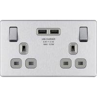 BG 13A Screwless Flatplate Double Switched Power Socket with 2 x USB Sockets 3.1A - Brushed Steel