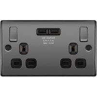 BG 13A Screwed Raised Plate Double Switched Power Socket with 2 x USB Sockets 3.1A - Black Nickel