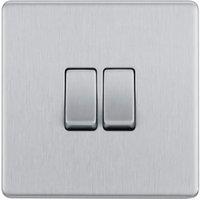 BG 2 Way 20A 16Ax Screwless Flatplate Double Switch - Brushed Steel