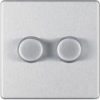 BG Screwless Flat Plate 2 Way Push On / Off 400W Double Dimmer Switch - Brushed Steel