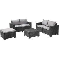 Keter California 5 Seater with 2 x 2 seater sofa's and a square foot stool Outdoor Garden Furniture Lounge Set - Graphite with Grey Cushions