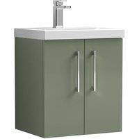 Nuie Arno Satin Green Wall Hung 2 Door Vanity Unit & Basin - 579 x 510mm