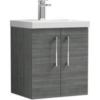Nuie Arno Anthracite Woodgrain Wall Hung 2 Door Vanity Unit & Basin - 579 x 510mm