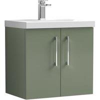 Nuie Satin Green Wall Hung 2 Door Vanity Unit & Basin - 579 x 610mm