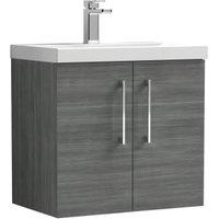 Nuie Anthracite Woodgrain Wall Hung 2 Door Vanity Unit & Basin - 579 x 610mm
