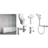 Veroli L-Shaped Right Hand Family Shower Bath Suite with Mixer Shower, Bath Screen, Bath Panel, Full Pedestal Basin, Toilet Pan, Wastes & Taps - 1700 x 850mm
