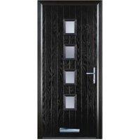 Door-Stop 4 Square Black Left Hand GRP Composite Door with Stippolyte Glass & Colour-Matched Frame - 840 x 2100mm