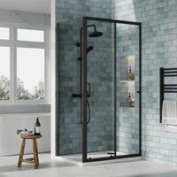 Nuie Matt Black Sliding Door Side Panel Tray & Waste Shower Enclosure Package - 1000 x 700mm