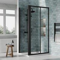 Nuie Matt Black Sliding Door Side Panel Tray & Waste Shower Enclosure Package - 1000 x 760mm