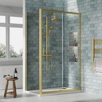 Nuie Brushed Brass Sliding Door Side Panel Tray & Waste Shower Enclosure Package - 1200 x 700mm