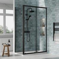 Nuie Matt Black Sliding Door Side Panel Tray & Waste Shower Enclosure Package - 1200 x 700mm