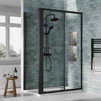 Nuie Matt Black Sliding Door Side Panel Tray & Waste Shower Enclosure Package - 1200 x 760mm