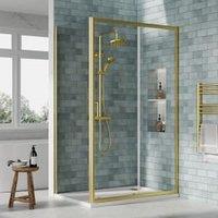Nuie Brushed Brass Sliding Door Side Panel Tray & Waste Shower Enclosure Package - 1200 x 800mm