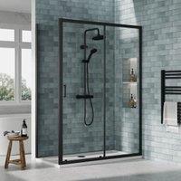 Nuie Matt Black Sliding Door Side Panel Tray & Waste Shower Enclosure Package - 1400 x 700mm