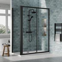 Nuie Matt Black Sliding Door Side Panel Tray & Waste Shower Enclosure Package - 1400 x 760mm