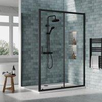Nuie Matt Black Sliding Door Side Panel Tray & Waste Shower Enclosure Package - 1400 x 900mm