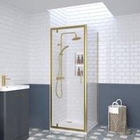 Nuie Brushed Brass Pivot Door Side Panel Tray & Waste Shower Enclosure Package - 760 x 760mm