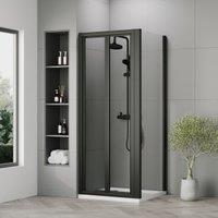 Nuie Matt Black Bi-Fold Door Side Panel Tray & Waste Shower Enclosure Package - 760 x 760mm