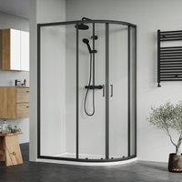 Nuie Matt Black Offset Left Hand Quadrant Tray & Waste Shower Enclosure Package - 1200 x 800mm