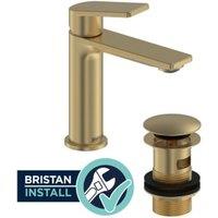 Bristan Frammento Cold Start Small Basin Mixer & Clicker Waste with Installation Service - Brushed Brass