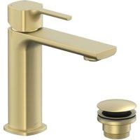Nexa By VADO Veva Mono Basin Mixer, 5 l/min Flow Regulator with Universal Basin Waste - Brushed Brass