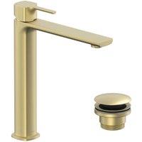 Nexa By VADO Veva Tall Neck Mono Basin Mixer, 5 l/min Flow Regulator with Universal Basin Waste - Brushed Brass