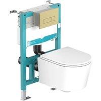 Nexa By Vado Veva Wall Hung Round Toilet Pan with Seat, Short Frame with Cistern, Square Brushed Brass Flush Plate & Hinge Covers