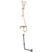 Nexa By VADO Veva Deck Mounted Exposed Thermostatic Bath Shower Mixer, Multifunction Slide Rail Kit & Bath Waste - Brushed Brass