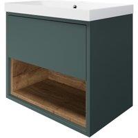 Wickes Nexus Stone Green & Tobacco Halifax Oak Wall Hung Vanity Unit & Basin - 546 x 600mm