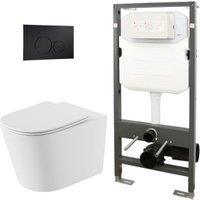 Abacus Corlea Easy Clean Wall Hung Toilet Pan with Slim Seat, 1140mm Frame & Round Black Flush Plate