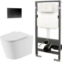 Abacus Corlea Easy Clean Wall Hung Toilet Pan with Slim Seat, 1140mm Frame & Square Black Flush Plate