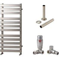 Towelrads Haven 1200 x 500mm Flat Panel Designer Brushed Nickel Towel Radiator with Corner TRV & Pipe Sleeve