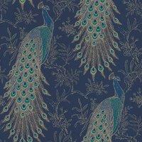 Rasch Peacock Navy Wallpaper - 10m
