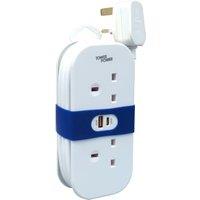 Tower 13A 2 Socket White Travel Extension Lead with USB - 1.4m