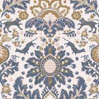 Joules Animal Damask Print Cream/Blue/Gold Wallpaper Sample