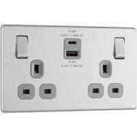 BG 13A Screwless Flatplate Double Switched Power Socket with USB A&C, 22W - Brushed Steel