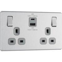 BG 13A Screwless Flatplate Double Switched Power Socket with USB A&C, 45W - Brushed Steel
