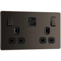 BG 13A Screwless Flatplate Double Switched Power Socket with USB A&C, 22W - Black Nickel