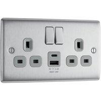 BG Nexus 13A Double Switched Power Socket with USB A&C, 12W - Brushed Steel
