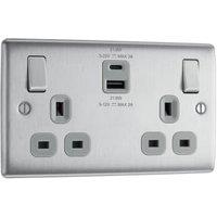 BG Nexus 13A Double Switched Power Socket with USB A&C, 22W - Brushed Steel